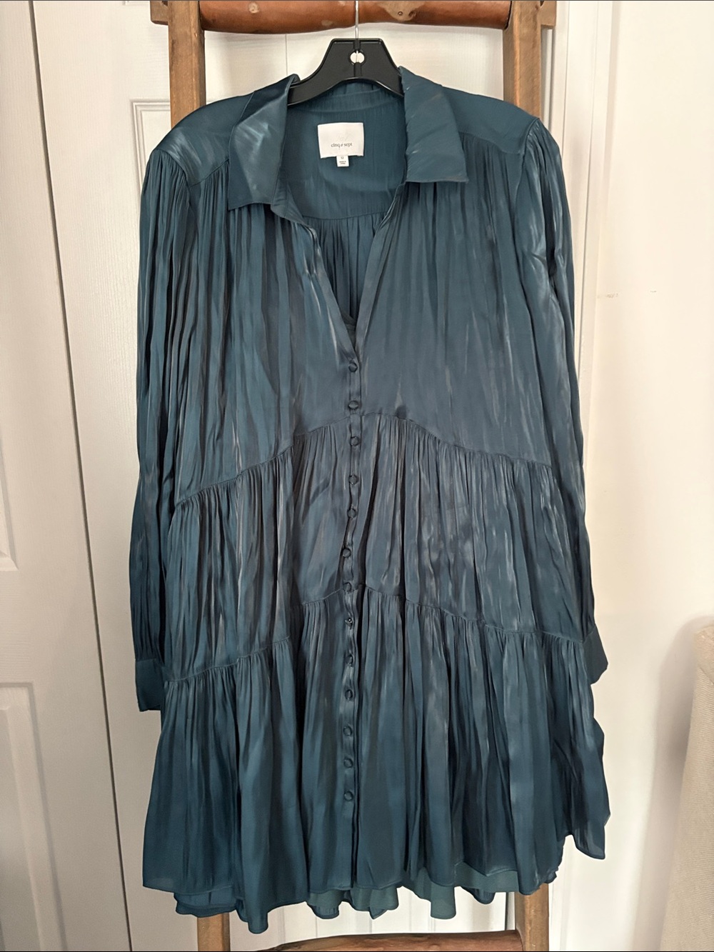 cinq a sept Teal Pleated Midi Shirt Dress